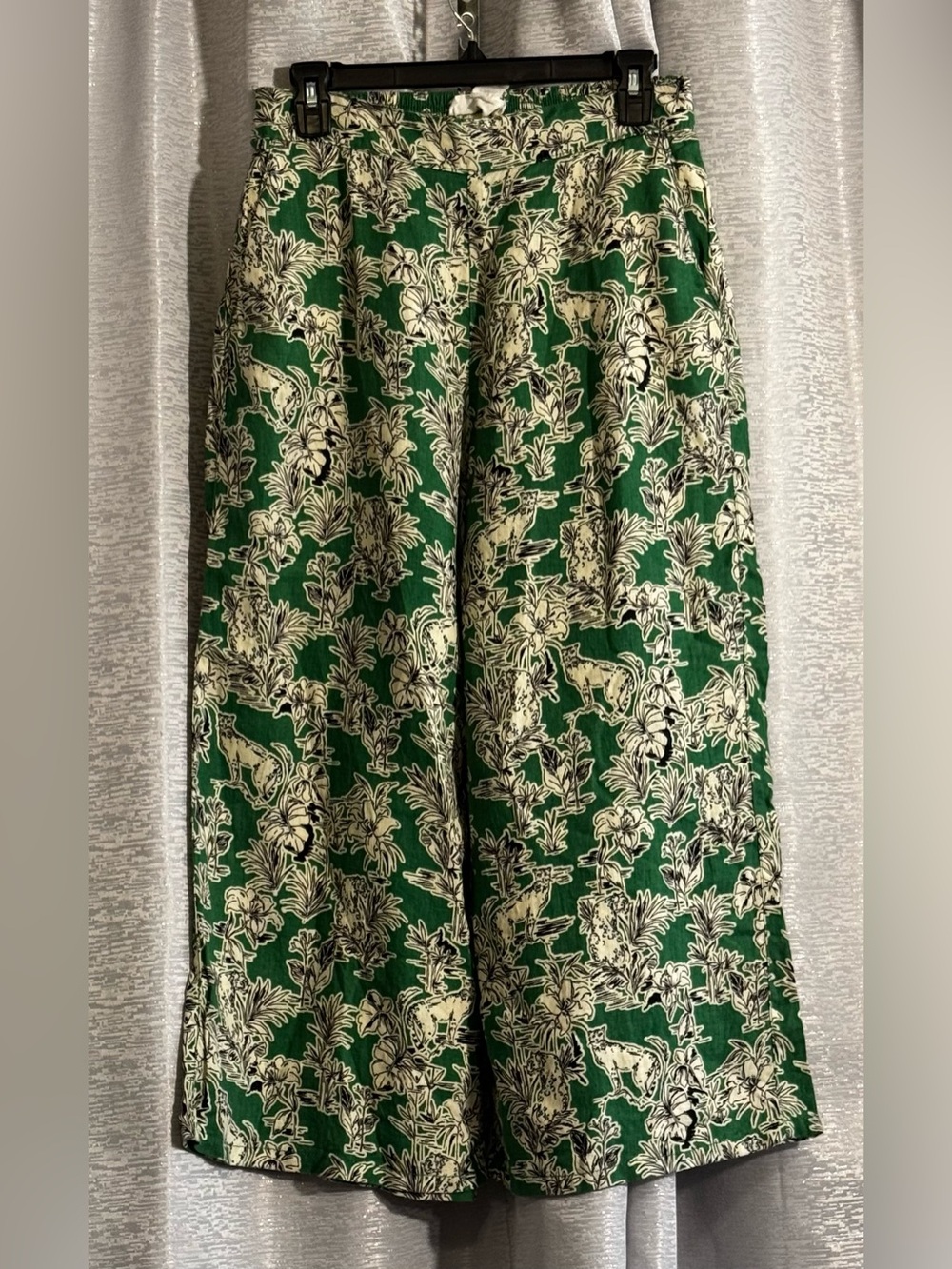 C&C California Linen Wide Leg Pants Green Floral Tropical Print Women’s Medium